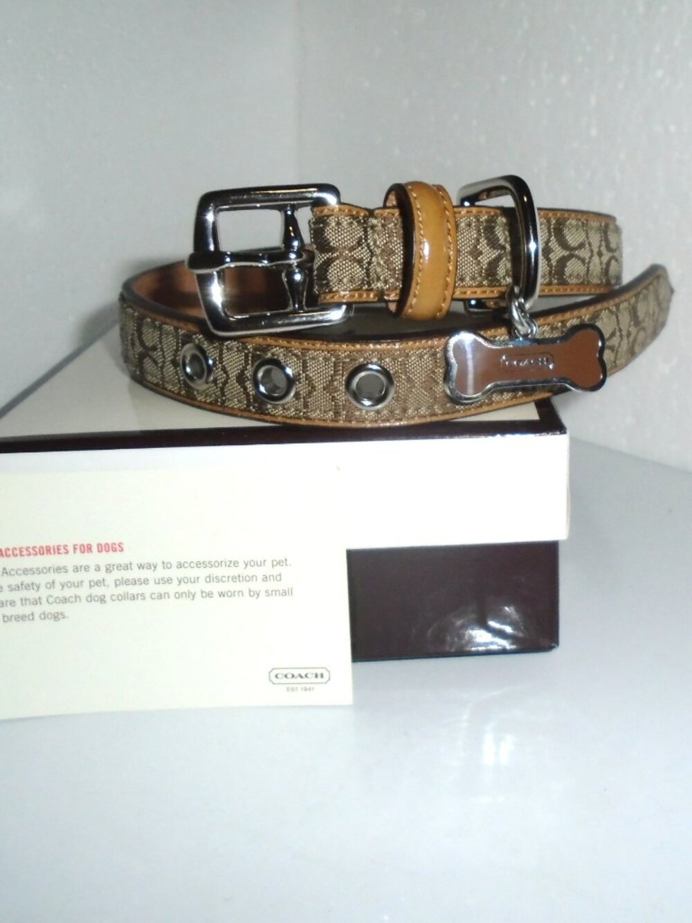 NEW VINTAGE COACH TAN BROWN JACQUARD SIGNATURE C LEATHER DOG COLLAR 60364 SIZE M